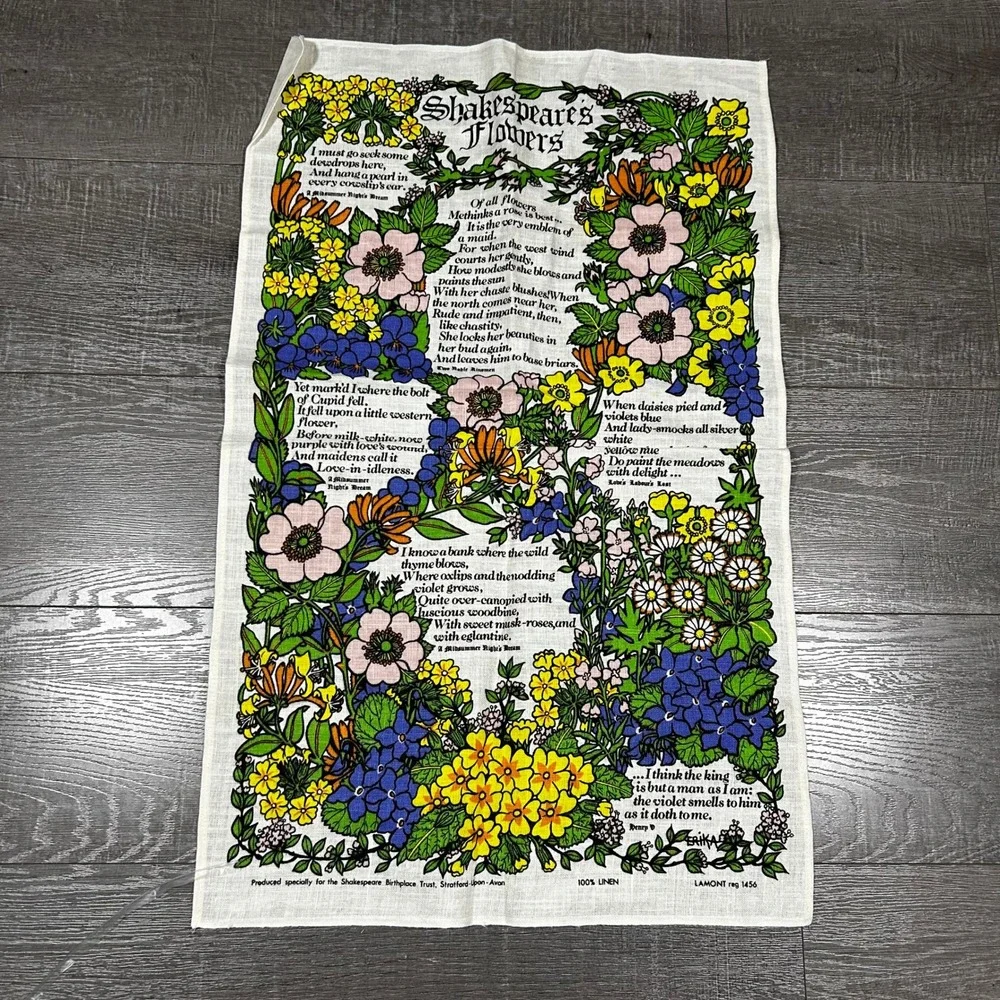 Vintage Lamont Shakespeares Flowers Linen Tea Towel Stratford-upon-Avon Erika
